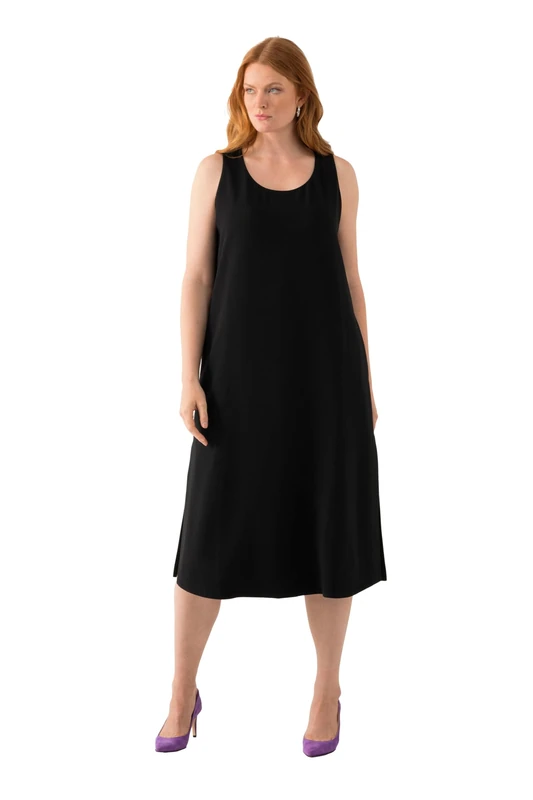 Ulla Popken Women's Acetat-midikleid, A-Linie, Rundhals, Ärmellos Midi Dress, Schwarz, 46-48