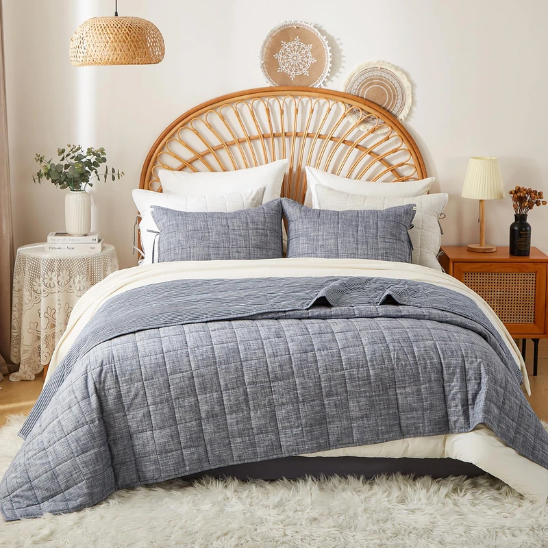Softpage Navy Blue Quilt King Size Bed Spreads - 3-Piece Set with Blue Stripe Coverlet, Light Weight Quilt & 2 Pillow Shams