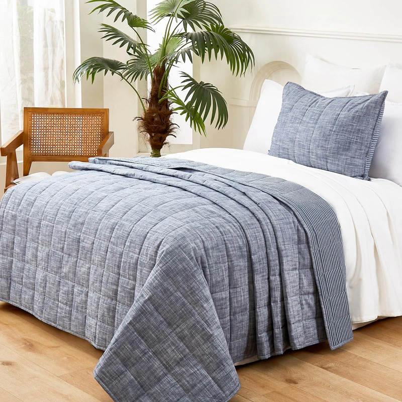 softpage Navy Quilts Twin Quilt， Cotton Twin Quilt Bedding Set，2-Pieces Quilted Bed Spread with Blue Stripe Coverlet Light Weight Navy Bedspread with 1 Pillow Sham