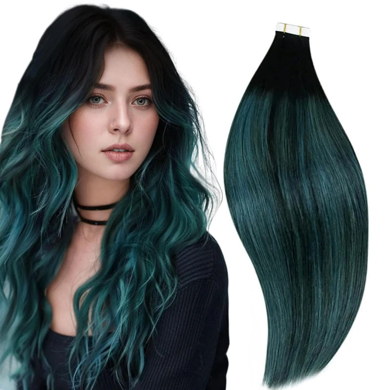 RUNATURE 20Inch Tape in Hair Extensions Human Hair Black Ombre Teal Hair Extensions Tape in Real Human Hair Invisible Tapes Hair 20pcs 50 Gram