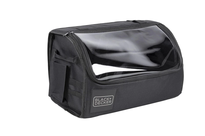 BLACK+DECKER Car Boot Organiser - Boot Bag with Transparent Lid - 2 Main and Multiple Side Pockets - Non-Slip Surface - Polyester - Black