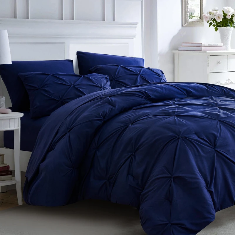 Ubauba 7pc Dark Blue King Comforter Set with Sheets, 7 Piece Pinch Pleating Bed in a Bag Royal Blue Bedding Comforters & Sets, Soft Fluffy Pintuck Bed Set (Navy,King)