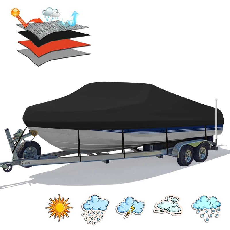 HAHASOLE Heavy Duty 1200D PU Waterproof Boat Cover, 20'- 22' Trailerable Marine Grade Polyester Canvas, Fits 20-22ft V-Hull, Bass Boat, Runabout, Ski, Fishing Boat with Tightening Strap, Black