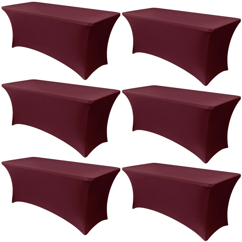 Obstal 6 Pack Stretch Spandex Table Covers for 6 Foot Tables - 6 FT Universal Rectangular Fitted Tablecloth Protector for Wedding, Banquet, Party, 72 Length x 30 Width x 30 Height Inches, Wine Red