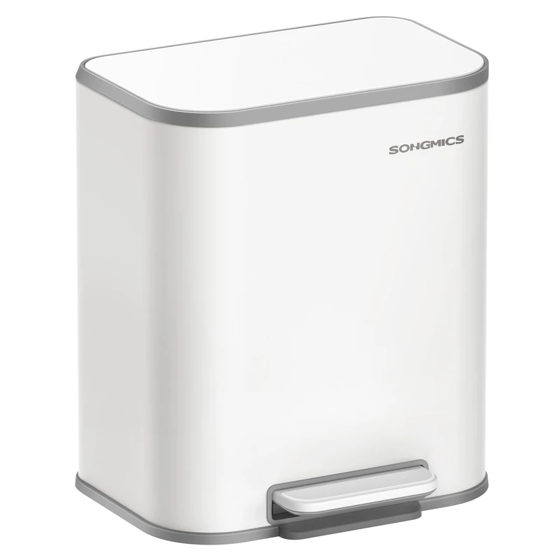 SONGMICS Kitchen Bin, 20L Pedal Bin, Steel Trash Bin, Soft-Close Lid, Stays Open, Inner Bucket, Wide Non-Slip Pedal, Cloud White LTB542W02