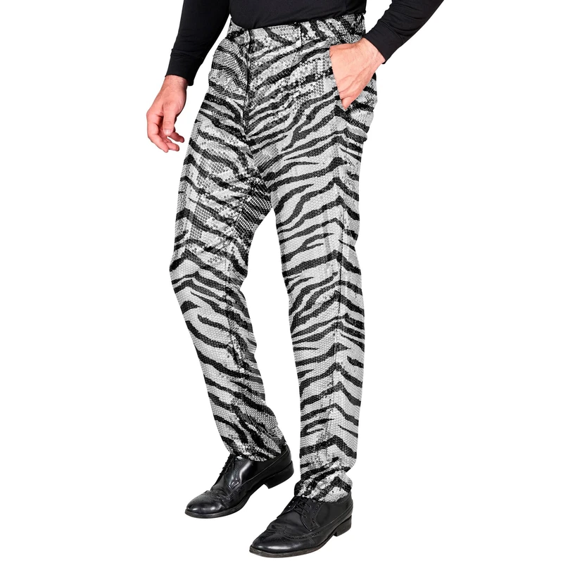 Widmann 12591 Party Fashion Paillettenhose Sequin Pants, Silver Zebra, S