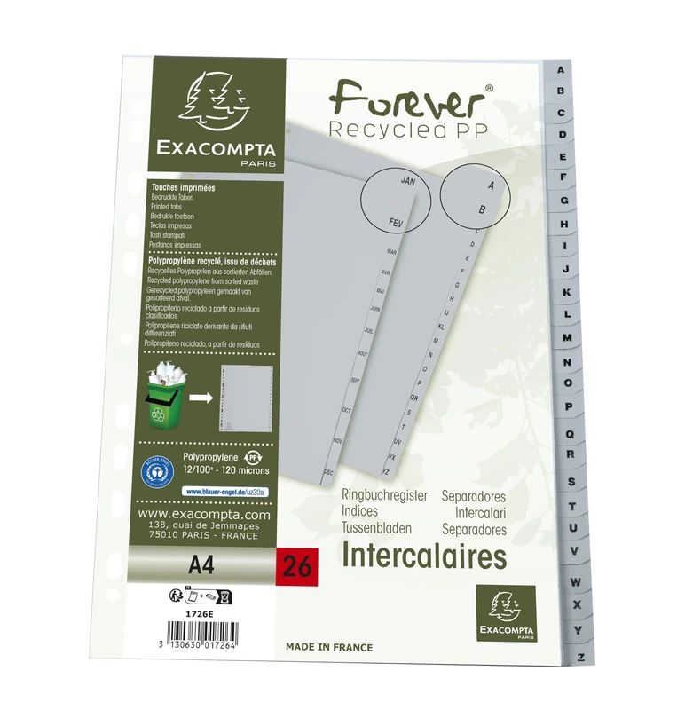 Exacompta - Ref 1726E - Box of 20 Grey Recycled Polypropylene dividers with 26 Alphabetical Printed tabs from A to Z - File Size A4 - Size 22.5 x 29.7 cm - Certified Blue Angel