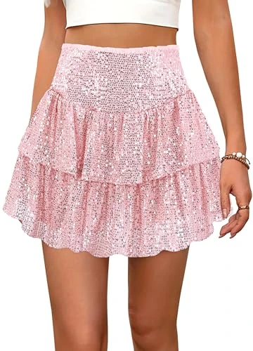 Segreto Women's Glitter Sequin Skirt A-line High Waist Mini Skirt Stretchy Pleated Skirt Bell Skirt Party Short Skirts, pink, M