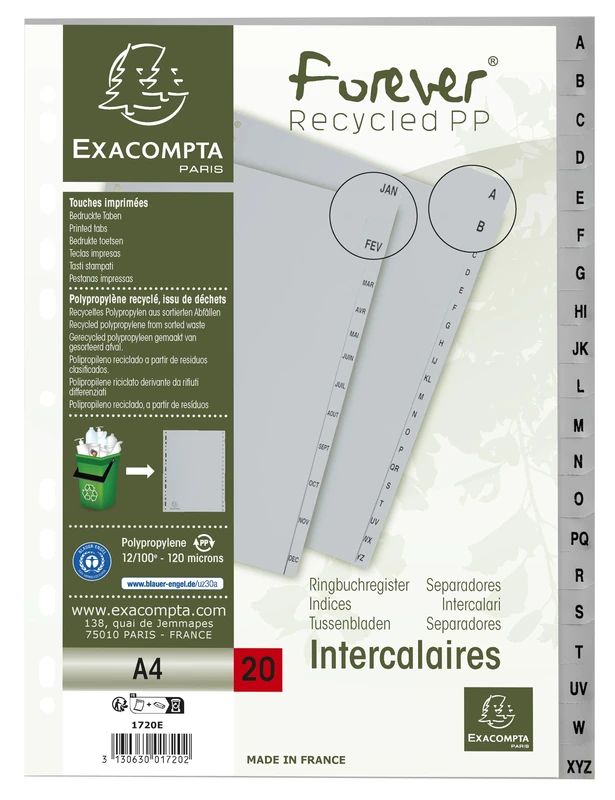 Exacompta 20 dividers grey recycled PP 20 alphabetical tabs A-Z A4