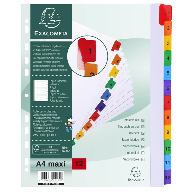 Exacompta - Ref 4112E - Box of 20 Indexes in White Card 160g/m2 FSC® with 12 Digitally Printed tabs from 1 to 12 in Colour - Printable Index Page - Format to File A4 Maxi