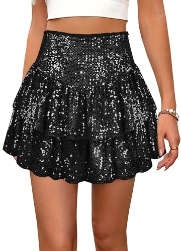 Segreto Women's Glitter Sequin Skirt A-line High Waist Mini Skirt Stretchy Pleated Skirt Bell Skirt Party Short Skirts, black, M