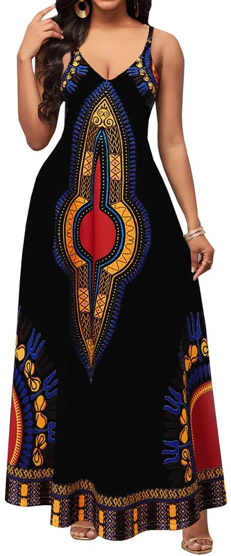 Maxi Dresses for Women Sexy Casual Spaghetti Strap Long Summer Sundress with Pockets, African/Black, XL - Image 1