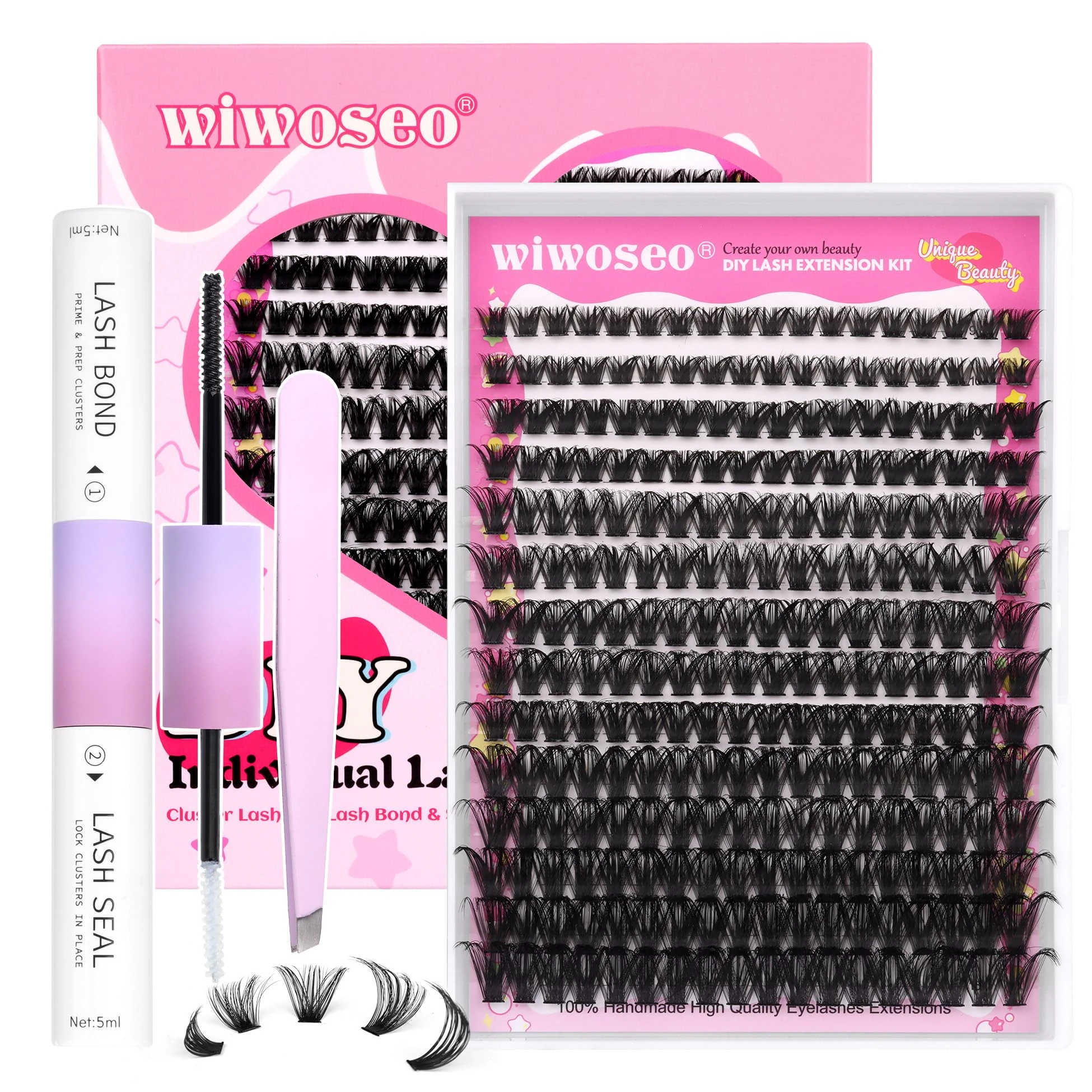 wiwoseo Russian Cluster Lashes Individual Cluster Eyelash Extension Kit with Bond and Seal Lash Glue D Curl Eyelashes Russian Lash Clusters Individual Eyelashes DIY Lash Extension Kit(80p, 8-18mm)