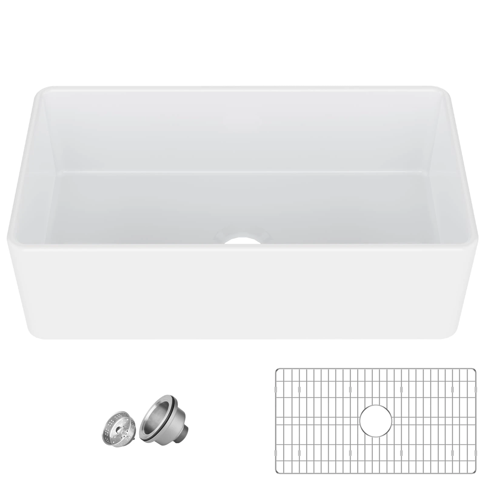 GAOMON 33 Inch Fireclay Farmhouse Sink, White Farmhouse Sink Apron Front Farm Sink Kitchen Sink Fireclay Ceramic Porcelain Deep Single Bowl Farm Sink with Bottom Grid and Strainer Drain