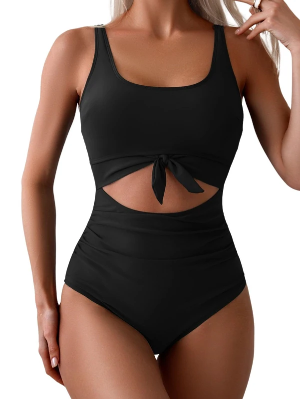 Eomenie Women's One Piece Swimsuit Tummy Control Slimming Bathing Suit Cutout Tie Knot Swimwear, Black, Large