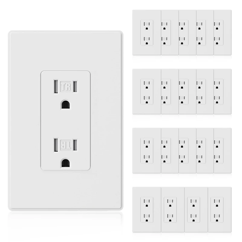 ELEGRP Matte White Decorator Wall Receptacle Outlets, Tamper Resistant 15 Amp Standard Electrical Wall Outlet, Residential Grade, Self-grounding, 125V, Mid Size Wall Plate Included, UL Listed, 20 Pack - Image 1