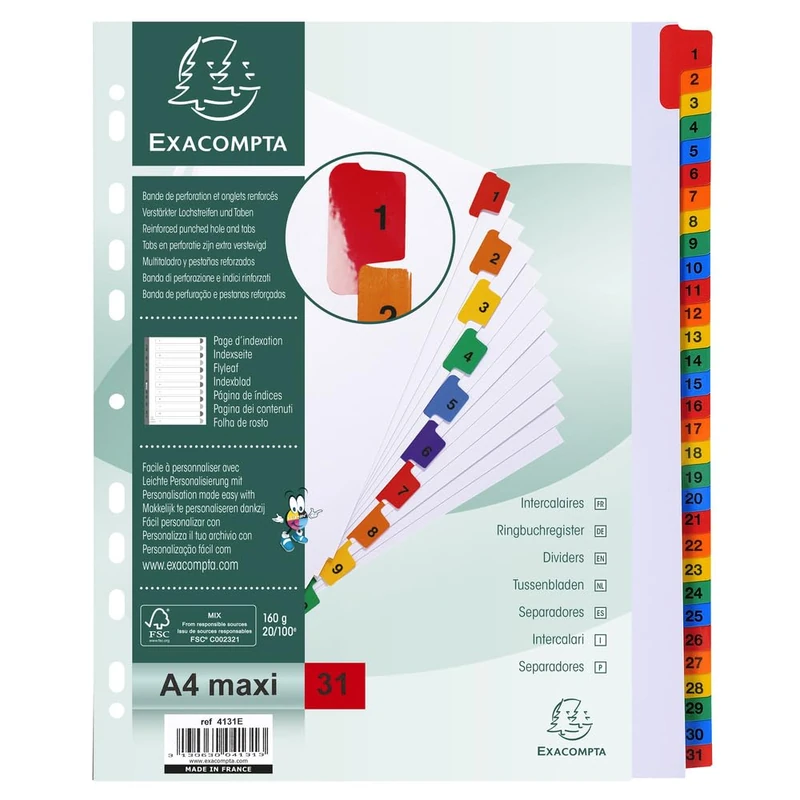 Exacompta - Ref 4131E - Box of 10 Indexes in White Card 160g/m2 FSC® with 31 Digitally Printed tabs from 1 to 31 in Colour - Printable Index Page - Format to File A4 Maxi