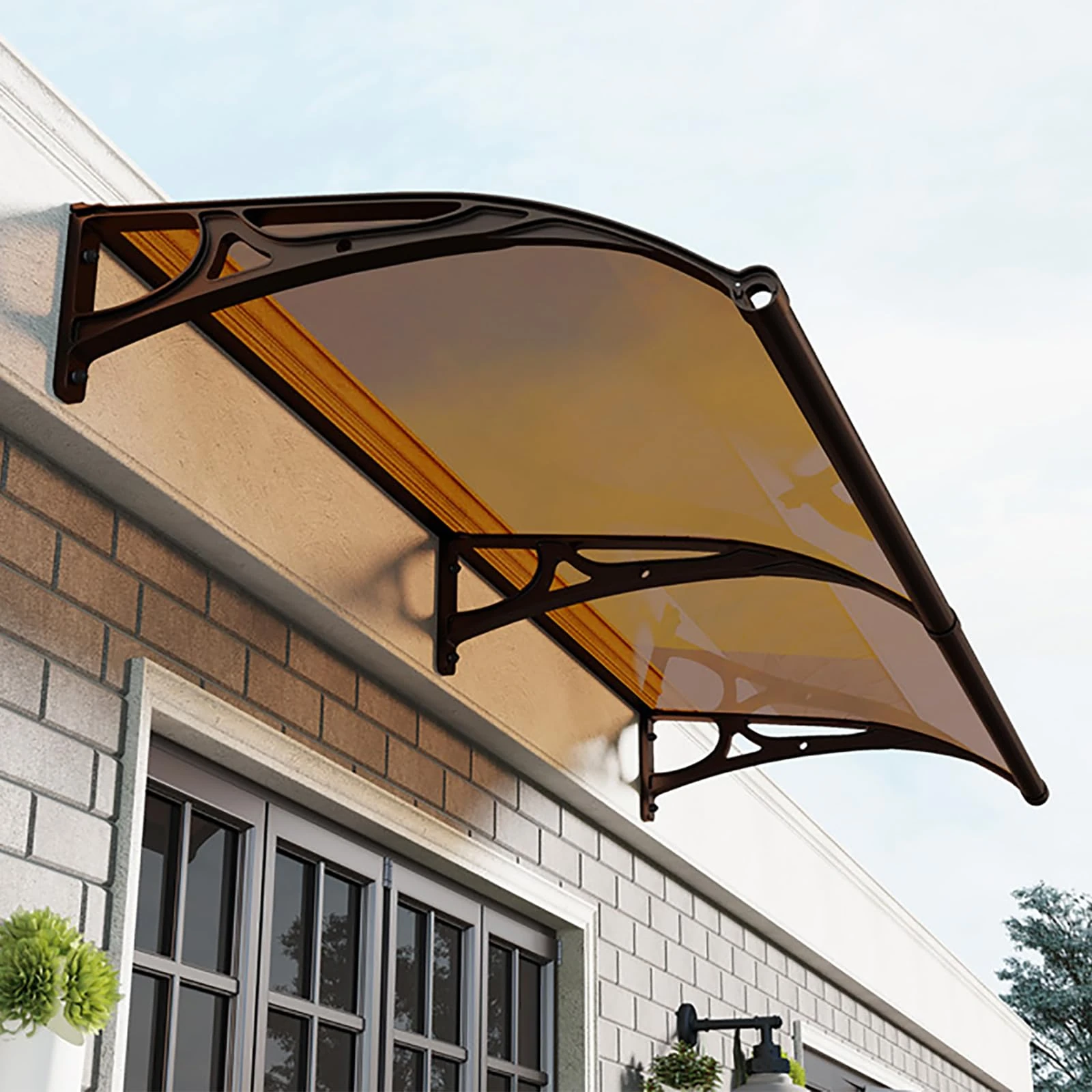 Awning for Door Window Exterior with Aluminum Bracket, Front Door Overhang Awning with Black Bracket for Sun Shutter, UV, Rain and Snow Protection-Brown-120x300cm/47x118in