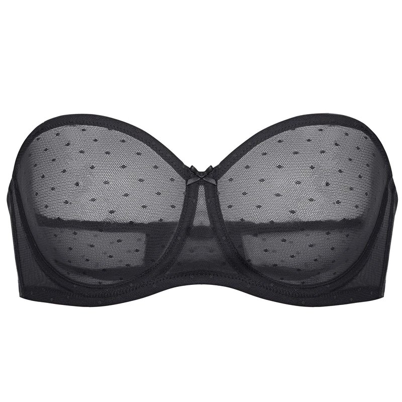 DOBREVA Women's Strapless Bra See Through Sheer Underwired Bras Unlined Plus Size Black 42DD