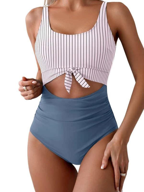 Eomenie Women's One Piece Swimsuit Tummy Control Slimming Bathing Suit Cutout Tie Knot Swimwear, Gray Blue Striped, Large