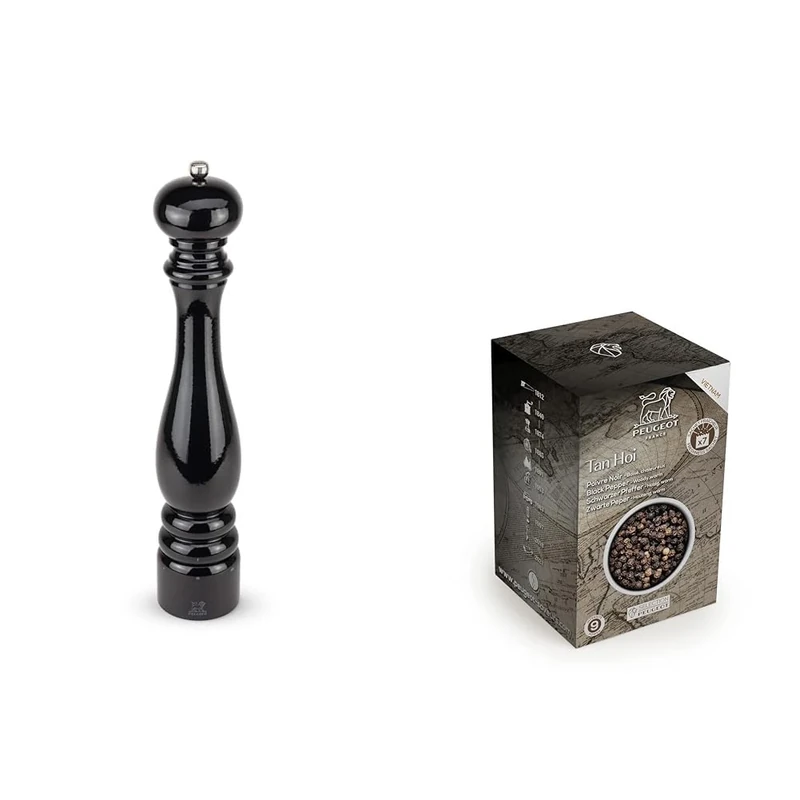 Peugeot - Paris u'Select Manual Pepper Mill - Adjustable Grinder - Beechwood, Gloss Black, 40 cm + PEUGEOT 42400 Tan Hoi Vietnamese Black Peppercorns, 140g, Wood