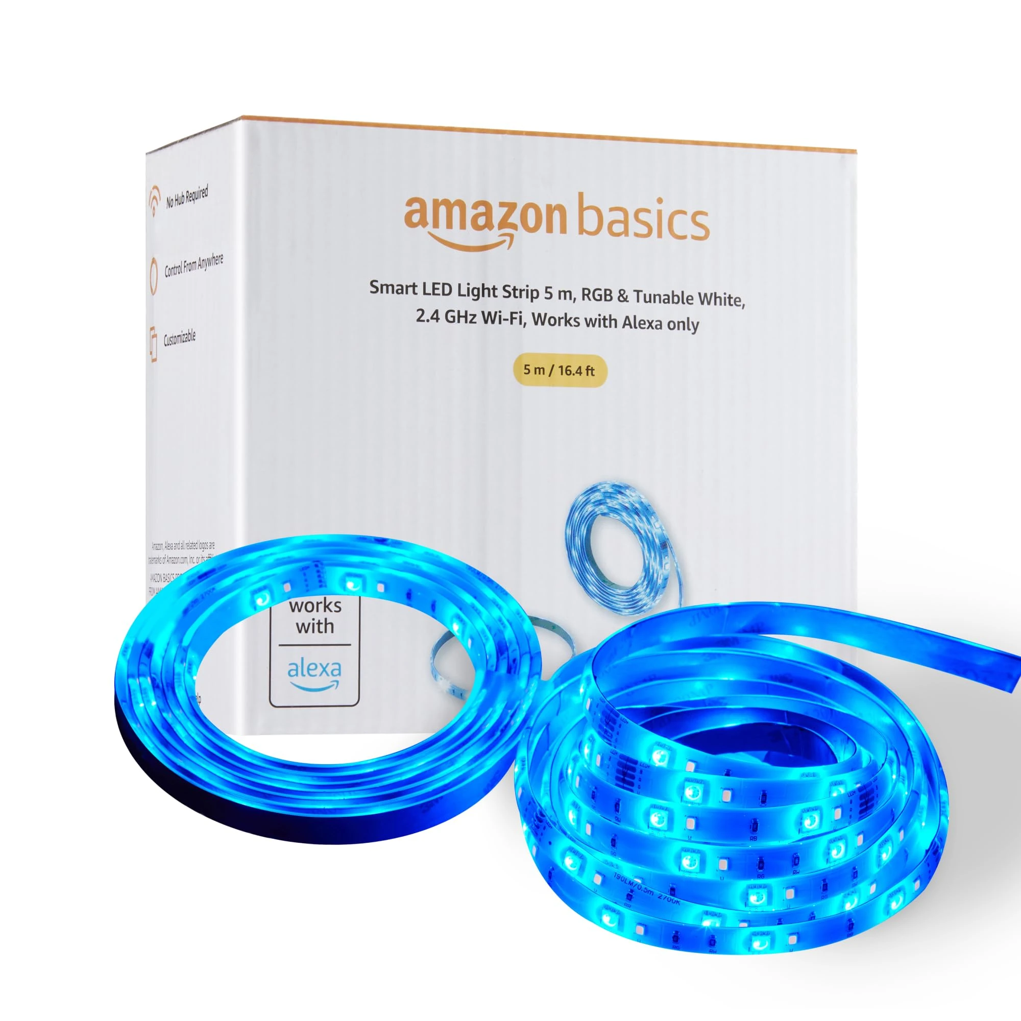 Amazon Basics Smart LED Light Strip 5m, RGB & Tunable White, Works with Alexa Only, Multicolor