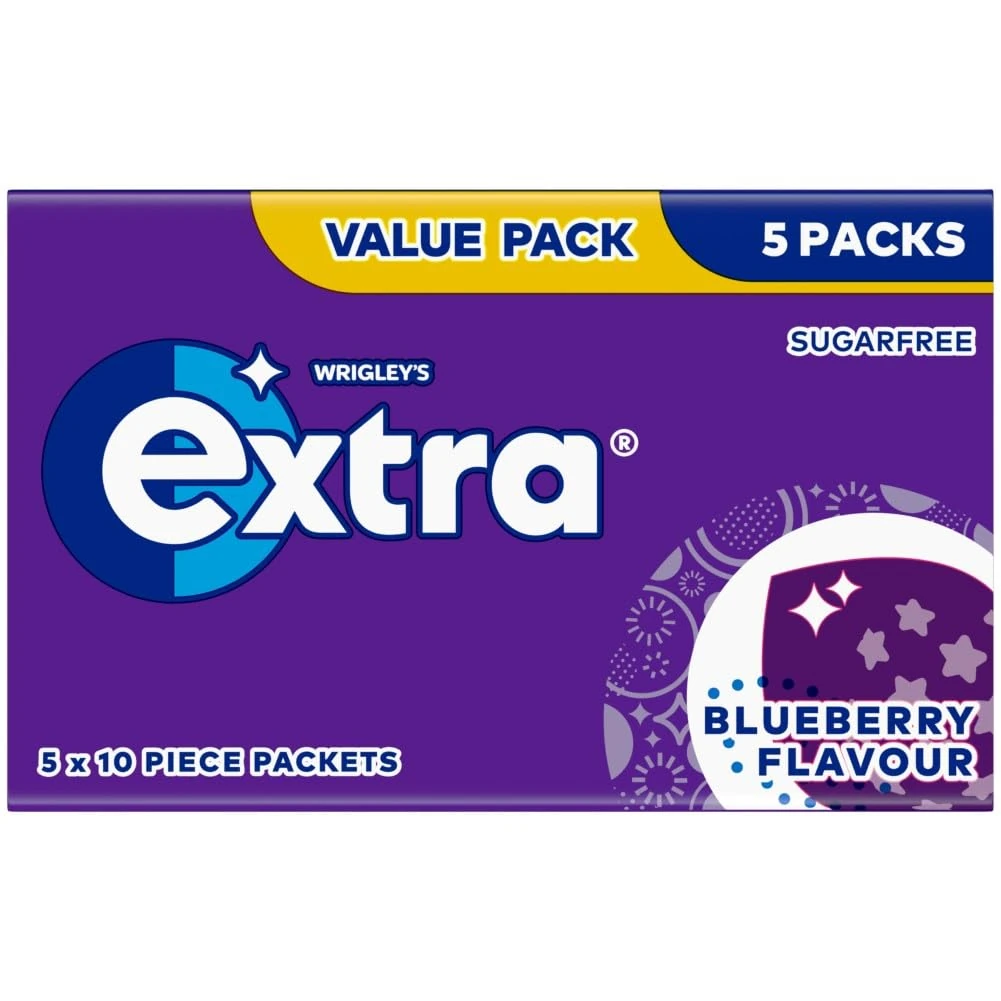 Wrigley's Extra Chewing Gum, Blueberry Flavour, 5 Packs of 10 Pieces, Sugar Free Chewing Gum Multipack with Xylitol (50 pieces)