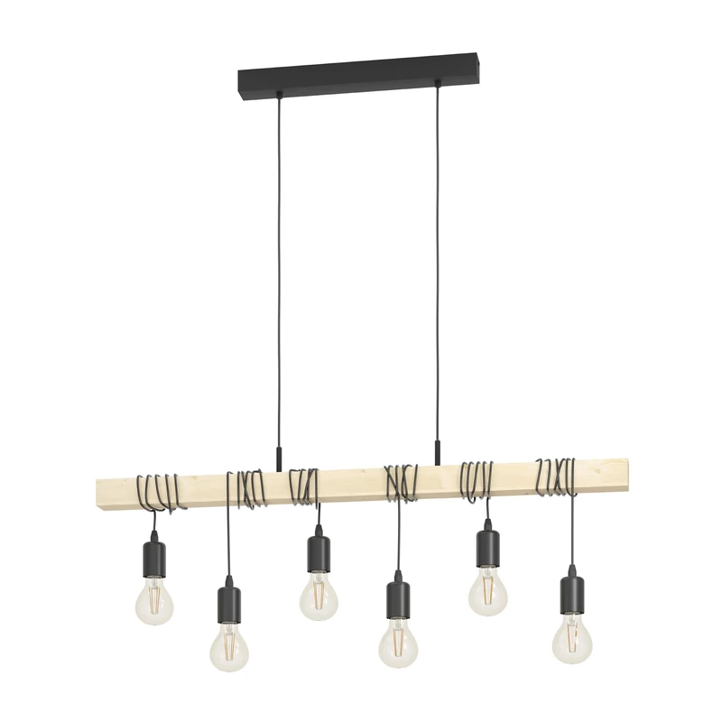 Eglo Pendant Lighting Townshend, 6 Light Vintage Hanging lamp in Industrial Design, Retro Ceiling Light Made of Black Metal and Natural Wood, FSC Certified, E27