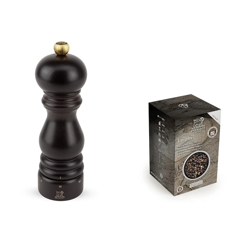 Peugeot - Paris u'Select Manual Pepper Mill - Adjustable Grinder - Beechwood, Chocolate, 18 cm + PEUGEOT 42400 Tan Hoi Vietnamese Black Peppercorns, 140g, Wood