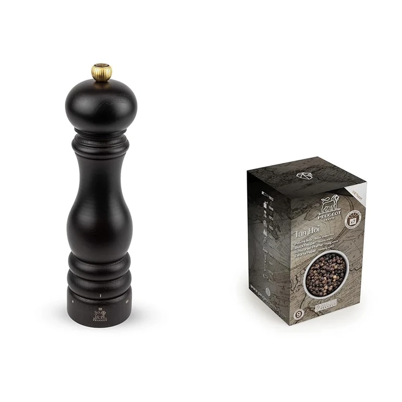 PEUGEOT - Paris u'Select 22 cm Pepper Mill + Pepper Included 6 Predefined Grind Settings Made with PEFC Certified Wood Made in France + PEUGEOT 42400 Tan Hoi Vietnamese Black Peppercorns, 140g, Wood