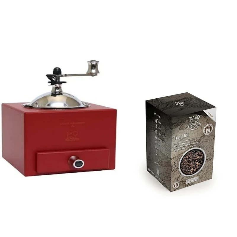 PEUGEOT - Roellinger 13 cm Pepper Mill - Inspired by The Traditional Hand-Crank Mill with Drawer - Classic Grind System + PEUGEOT 42400 Tan Hoi Vietnamese Black Peppercorns, 140g, Wood