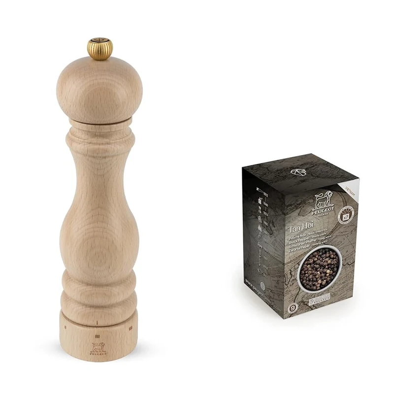 Peugeot - Paris u'Select Manual Pepper Mill - Adjustable Grinder - Beechwood, Natural, 22 cm + PEUGEOT 42400 Tan Hoi Vietnamese Black Peppercorns, 140g, Wood