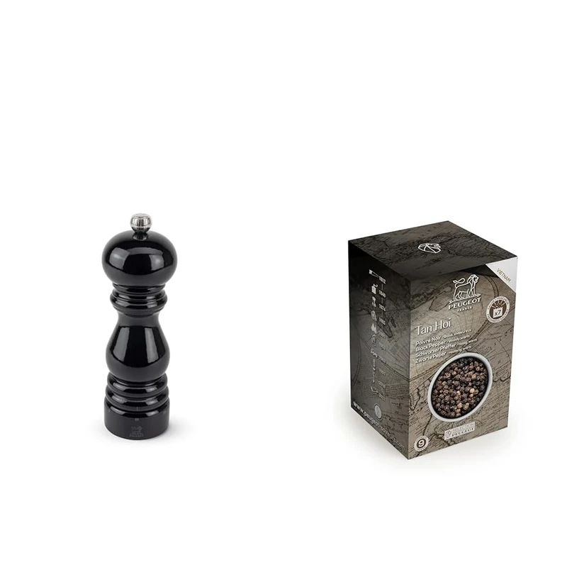 Peugeot - Paris u'Select Manual Pepper Mill - Adjustable Grinder - Beechwood, Gloss Black, 18 cm + PEUGEOT 42400 Tan Hoi Vietnamese Black Peppercorns, 140g, Wood