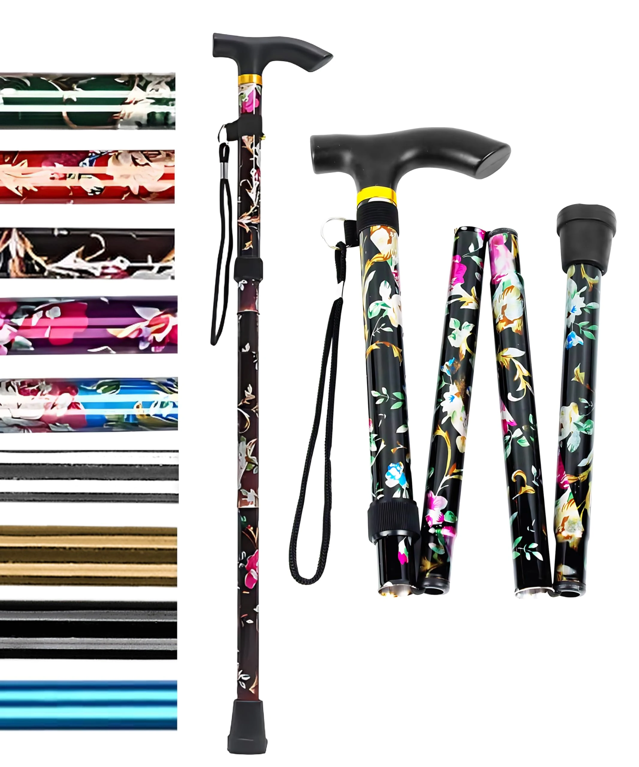 HATAF® Walking Stick, Folding Walking Sticks for Women, Adjustable height Folding Walking Sticks for Men, Mobility Aids walking stick rubber ends, Folding walking sticks for ladies (Black Flowers)