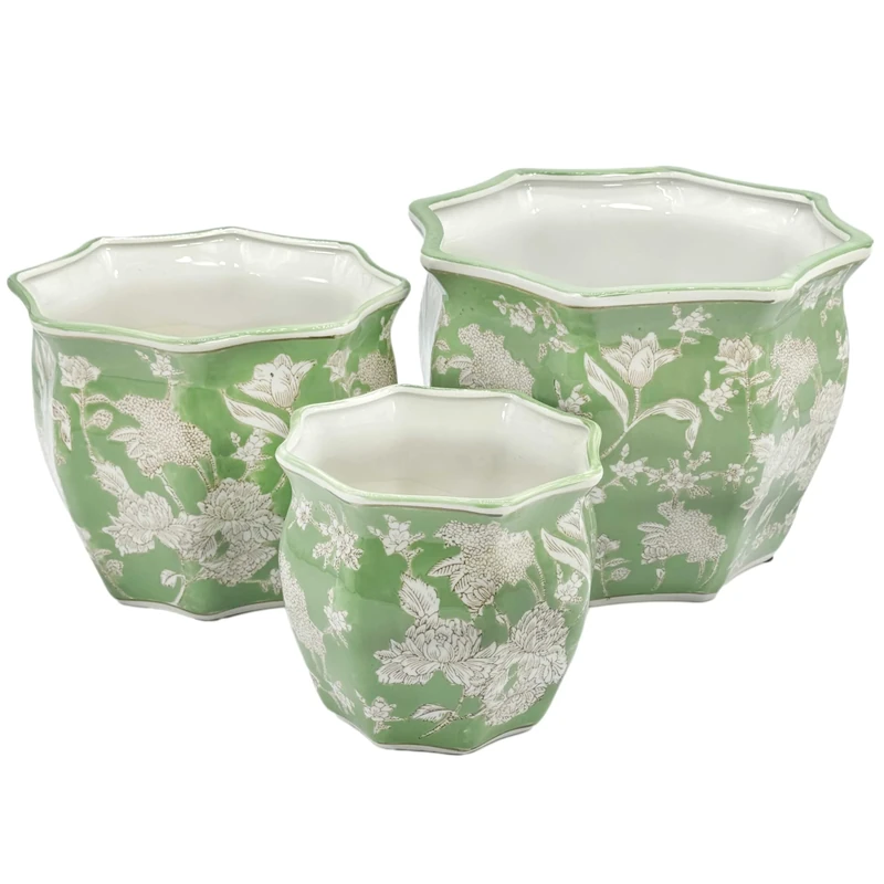 Galt International Green & White Round Fluted Floral Porcelain Ceramic Plant Flower Planter Pot Set of 3 (7.5", 10", 13") Garden Pots Chinese Asian Design