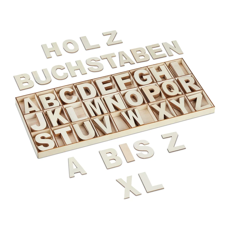 Relaxdays Wooden Letters Set, 208 pcs, Uppercase A-Z, with Convenient Storage Box, Characters, Decoration, Natural, Wood, 2 x 41 x 18 cm