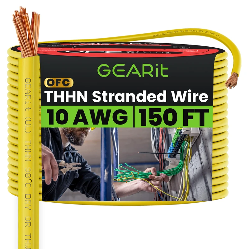 GEARit Stranded THHN Wire (10 Gauge, 150 Feet) 100% OFC Electrical Building Wire, Rated for Up to 600 Volts, Single Conductor, Nylon Jacket, UL Listed/RoHs Compliant - Yellow, 150ft