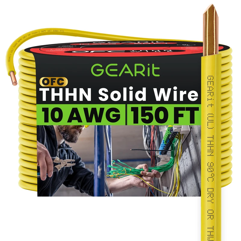 GEARit Solid THHN Wire (10 Gauge, 150 Feet) 100% OFC Electrical Building Wire, Rated for Up to 600 Volts, Single Conductor, Nylon Jacket, UL Listed/RoHs Compliant - Yellow, 150ft