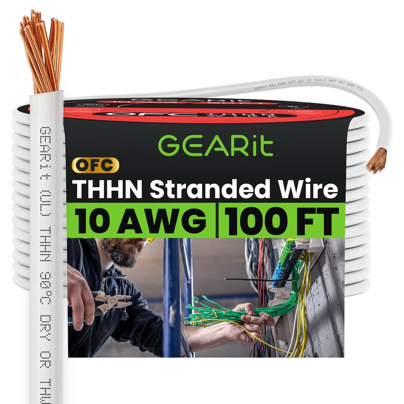 GEARit Stranded THHN Wire (10 Gauge, 100 Feet) 100% OFC Electrical Building Wire, Rated for Up to 600 Volts, Single Conductor, Nylon Jacket, UL Listed/RoHs Compliant - White, 100ft