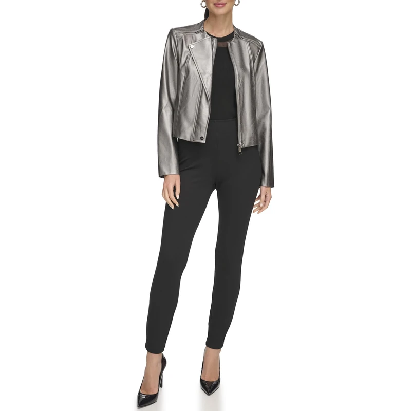 DKNY Women's Gunmetal Pu Moto Faux Leather Jacket, M