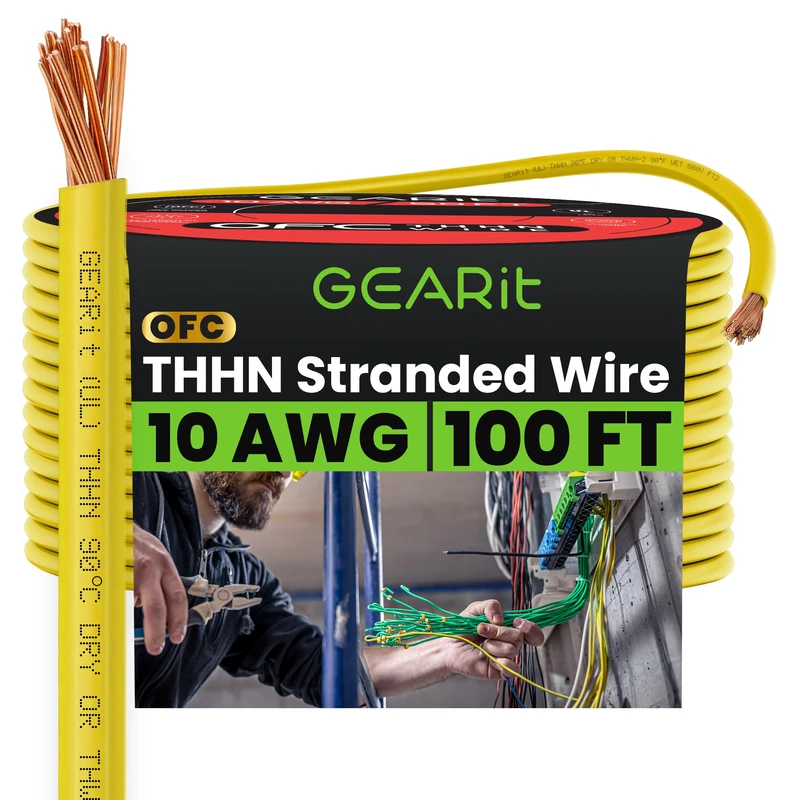 GEARit Stranded THHN Wire (10 Gauge, 100 Feet) 100% OFC Electrical Building Wire, Rated for Up to 600 Volts, Single Conductor, Nylon Jacket, UL Listed/RoHs Compliant - Yellow, 100ft