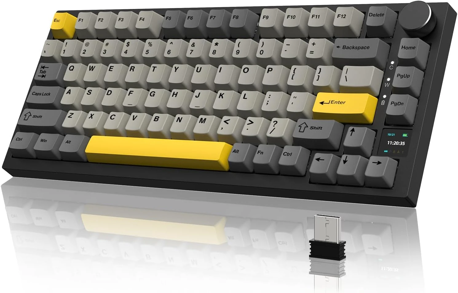 AJAZZ AK820PRO Wireless Mechanical Keyboard,2.4GHz/Bluetooth/USB-C Gaming Keyboard 75% Layout 81 Keys with TFT Color Display&CNC Knob,RGB Backlight Hot-Swap,PBT Keycap,4000mAh Battery-Black Yellow