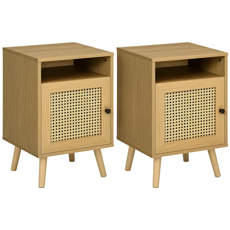 HOMCOM Bedside Table Nightstand with Storage Shelf and Door Cupboard, Side End Table with Rattan Element and Tapered Leg for Living Room, Bedroom, Set of 2, Natural