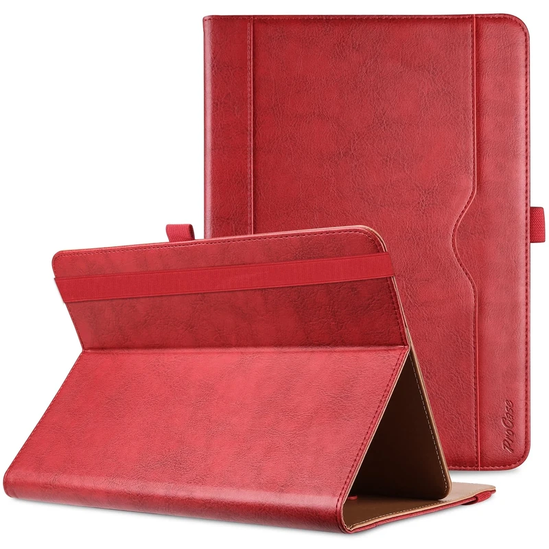 ProCase Universal 9" 10" 10.1" inch Tablet Case, Leather Folio Case Protective Stand Cover for 9.7" 10" Touchscreen Tablet with Fixing Band Card Pocket and Pen Holder -Red