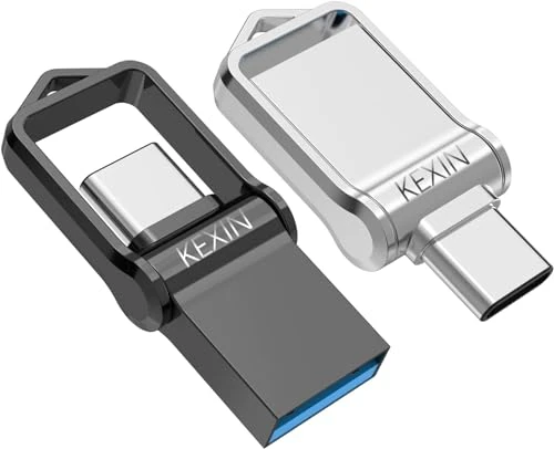 KEXIN USB-C Flash Drive - 128GB, 2-Pack, OTG, USB 3.0 & C, Metal (Black Silver)