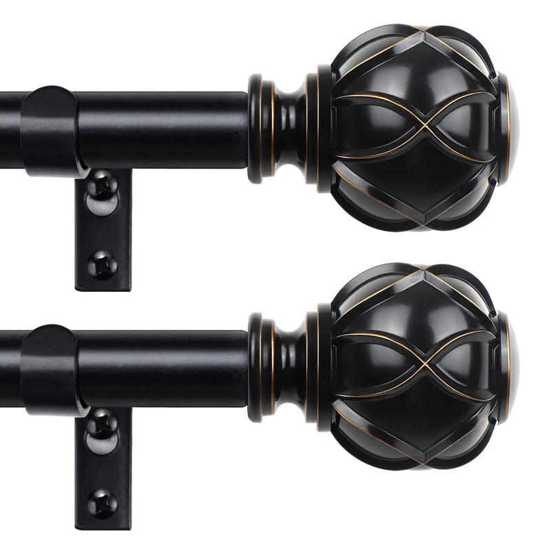 Curtain Rods 2 Pack 66 to 120 Inch, HOTOZON Black Curtain Rods for Windows, 3/4 Inch Single Drapery Rod with Netted Finials