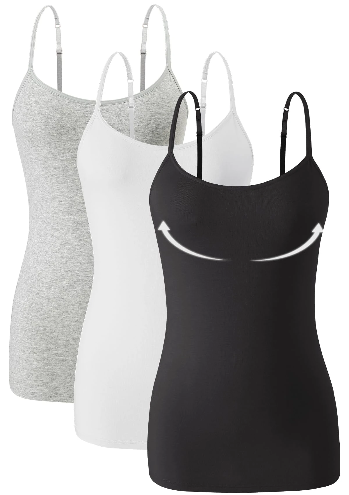 Knuffnee Womens Camisole with Shelf Bra Cotton Camis Undershirts Adjustable Spaghetti Strap Tank Tops 3 Pack Grey/White/Black XL