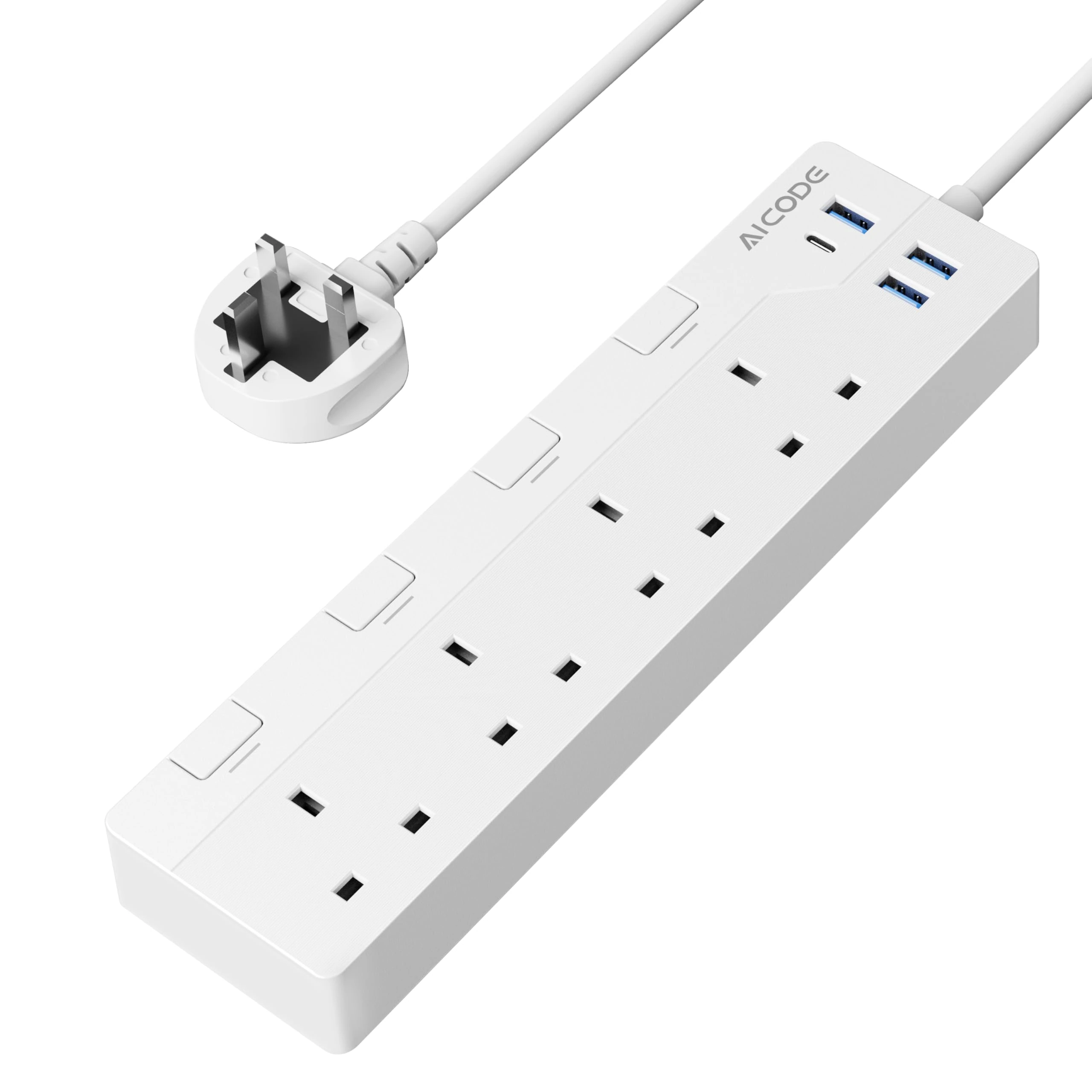 AICODE 4 Gang Extension Lead 3M,4 Way Surge Protected Extension Lead with USB Slots,Individual Switches,1 USB-C and 3 USB-A,Wall Mount Multi Plug Extension Socket,3M Extension Cable for Home,Office