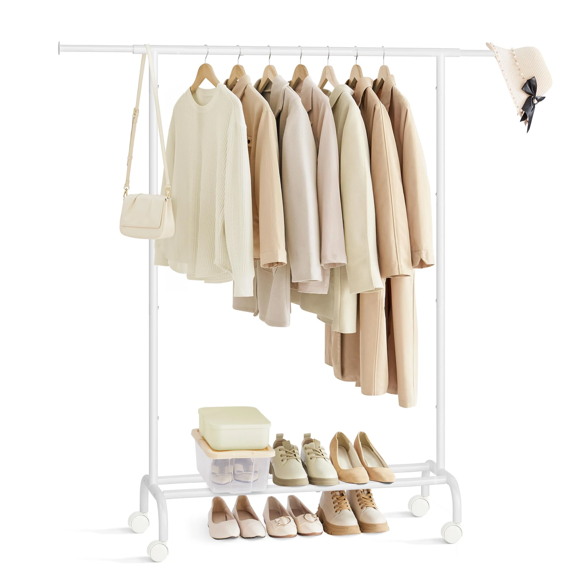 SONGMICS Clothes Rail, Clothes Rack, Extendable Hanging Rail, Clothing Storage with Wheels, 45 kg Total Max. Load, 40 x (83-120) x 156 cm, Cloud White HSR134W01