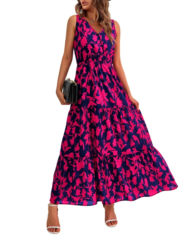 BTFBM Women Summer Dresses Casual Sleeveless Maxi Dresses Cute Floral Long Dress Wedding Guest Dress, Navy Rose Red Flower, M